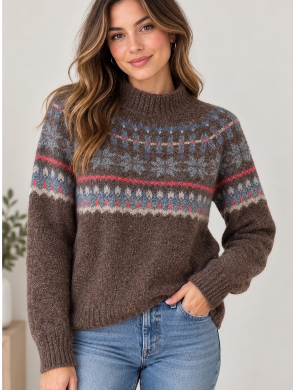 Old Navy Brown Fair Isle Mock-Neck XS Sweater with Blue & Coral Accents